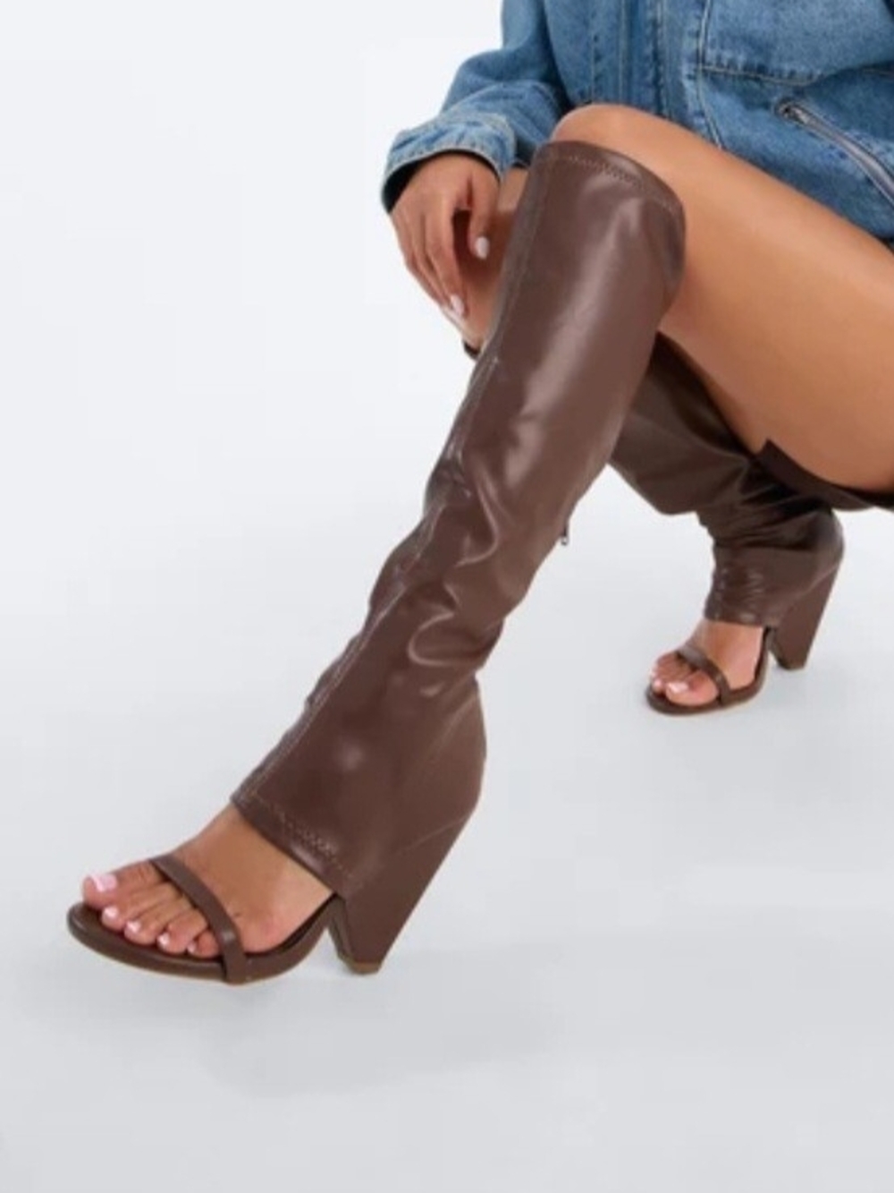 Over-The-Knee Open-Toe Wedge Boots in Chocolate Brown